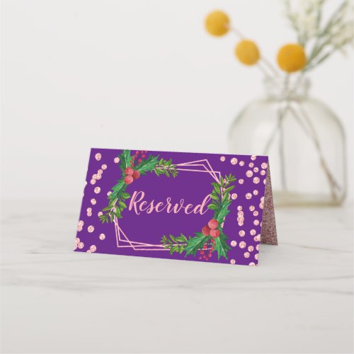 Rose Gold Purple Holly Glitter Reserved Christmas Place Card