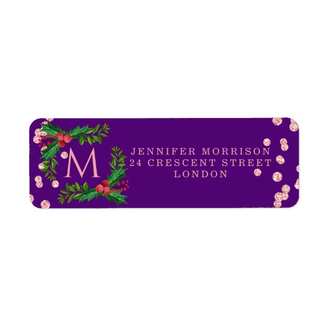 Rose Gold Purple Monogram Christmas Holly Glitter Label (Front)