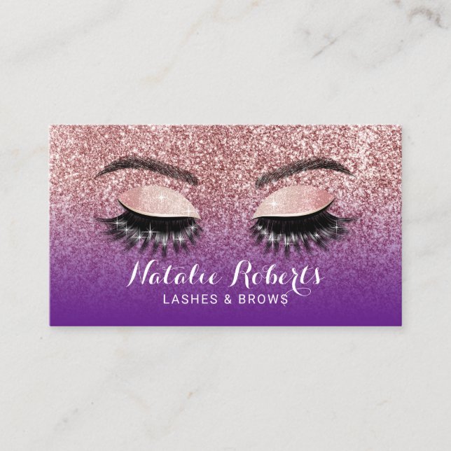 Rose Gold Purple Ombre Eyelash Extensions Salon Business Card (Front)