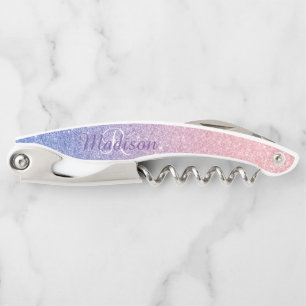 Rose Gold Purple Ombre Fading Monogram Glitter Waiter's Corkscrew