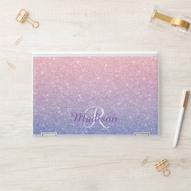 Rose Gold Purple Ombre Glitter Monogram HP Laptop Skin (Desk)