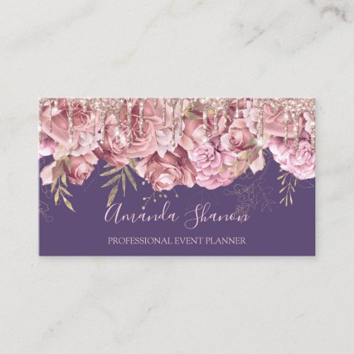 Rose Gold Purple Roses Logo Event Planner QRCODE  Business Card