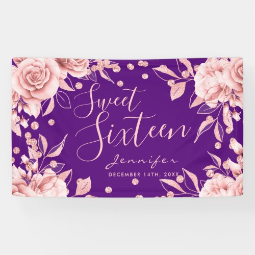 Rose Gold Purple Sweet 16 Glitter Confetti Floral Banner
