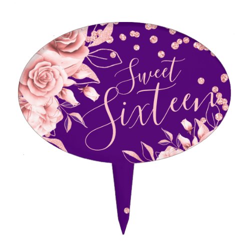 Rose Gold Purple Sweet 16 Glitter Confetti Floral Cake Topper