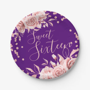 Rose Gold Purple Sweet 16 Glitter Confetti Floral Paper Plates