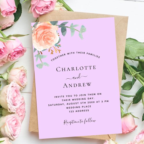 Rose gold purple violet greenery wedding invitation