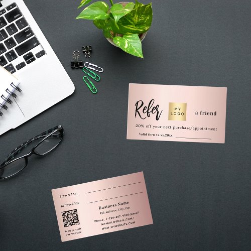 Rose gold qr code business logo referral card