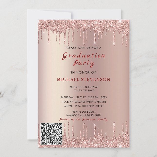 Rose Gold QR Code Graduation Invitation Template (Front)