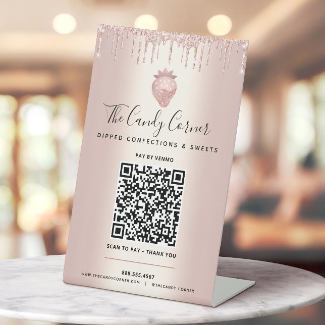 Rose Gold QR Code Pay Here Strawberry Glitter Drip Pedestal Sign (Creator Uploaded)