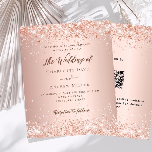 Rose gold QR code RSVP details wedding invitation