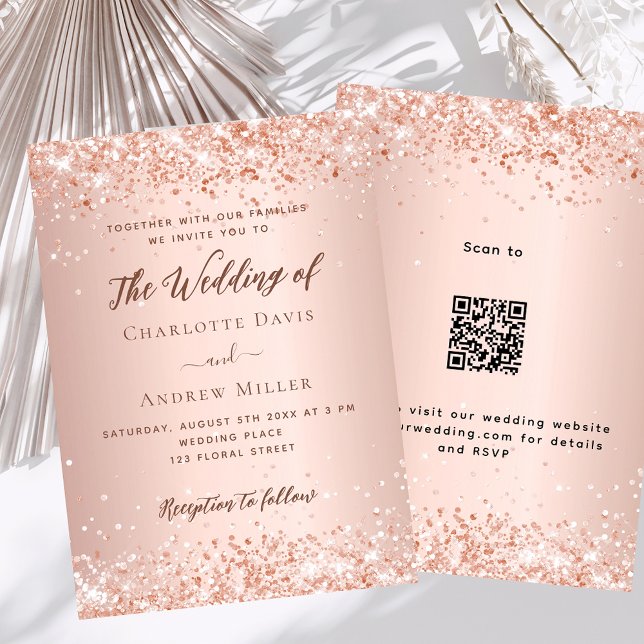 Rose gold QR code RSVP details wedding Invitation (Creator Uploaded)