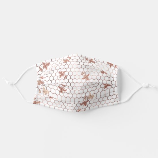 Rose Gold Queen Bee and Honeycomb on White Adult Cloth Face Mask