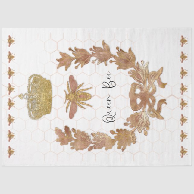Rose Gold Queen Bee Crown Royal Glitter Decoupage Tissue Paper (Front)