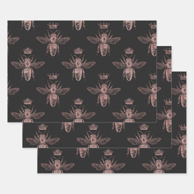 Rose Gold Queen Bees on Black Wrapping Paper Sheets (Set)