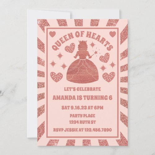 Rose Gold Queen Of Hearts Birthday Invitation