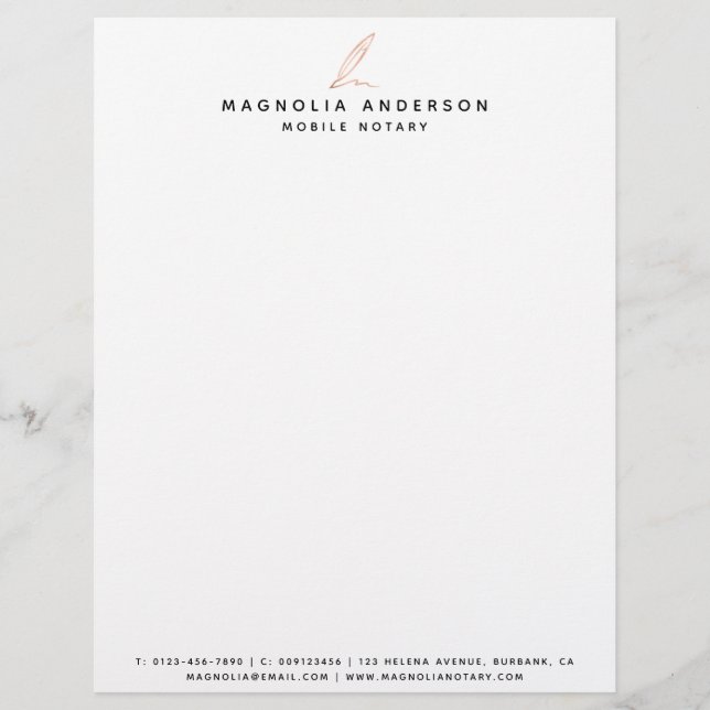 Rose Gold Quill Mobile Notary Letterhead (Front)