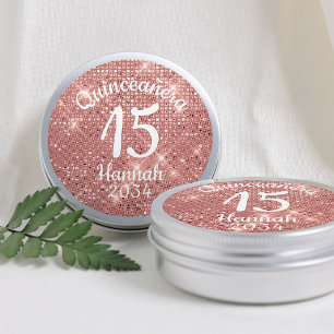 Rose Gold Quinceañera 15th Birthday Favors Tin Classic Round Sticker