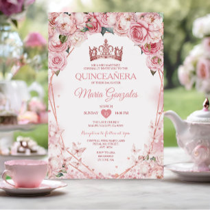 Rose Gold Quinceañera Crown Butterfly 15 Anos Invitation