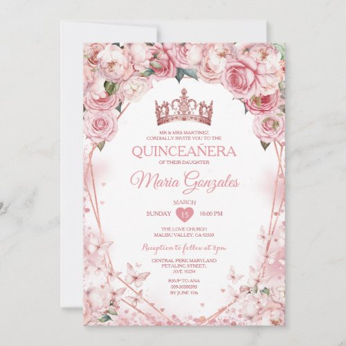 Rose Gold Quinceaera Crown Butterfly 15 Anos Invitation