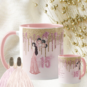 Rose Gold Quinceanera Custom Gift Black Hair 15th Mug
