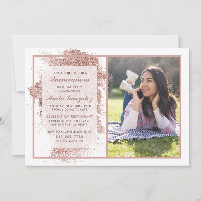 Rose Gold Quinceañera Custom Photo Birthday Party Invitation (Front)