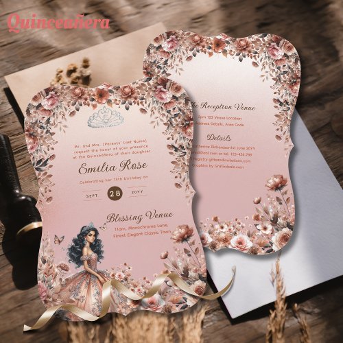 Rose Gold Quinceanera Dress Floral Roses Invitation