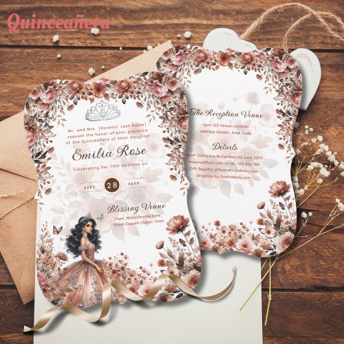 Rose Gold Quinceanera Dress Floral Roses Invitation