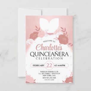 Rose Gold Quinceanera Floral Princess Dress Invitation