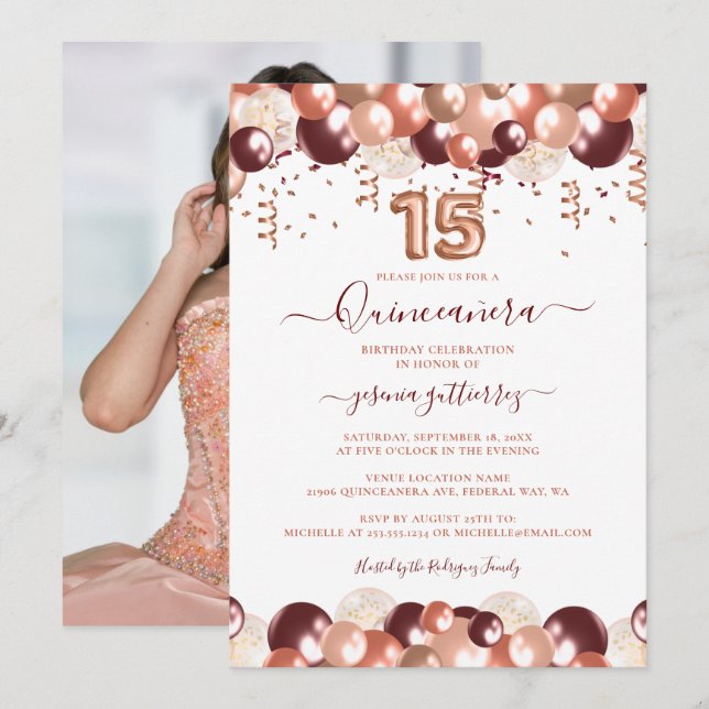 Rose Gold Quinceañera Glitter Balloon Photo Invitation (Front/Back)
