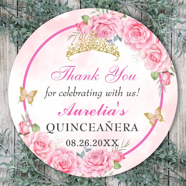 Rose Gold Quinceanera Miss Quince 15 Anos Birthday Classic Round Sticker (Creator Uploaded)