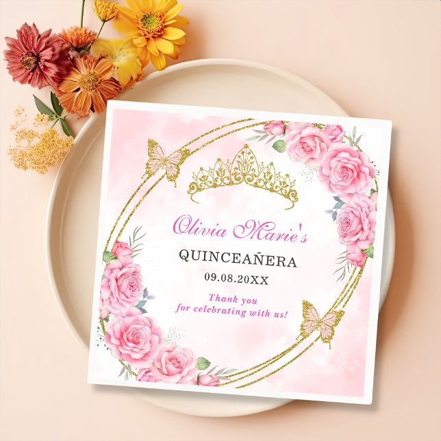 Rose Gold Quinceanera Miss Quince 15 Anos Birthday Napkins (Creator Uploaded)