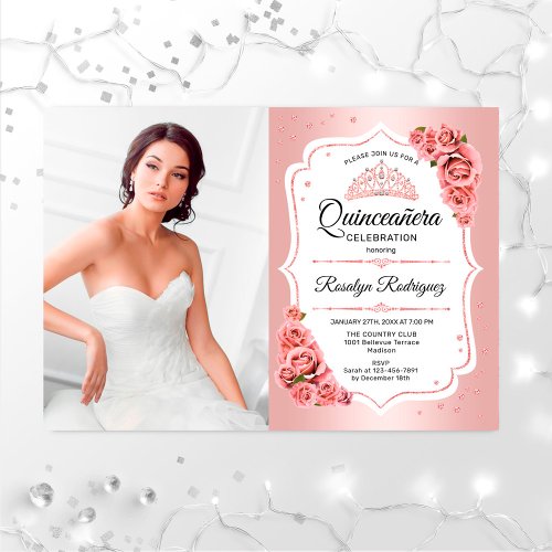 Rose Gold Quinceanera Party With Photo Invitation