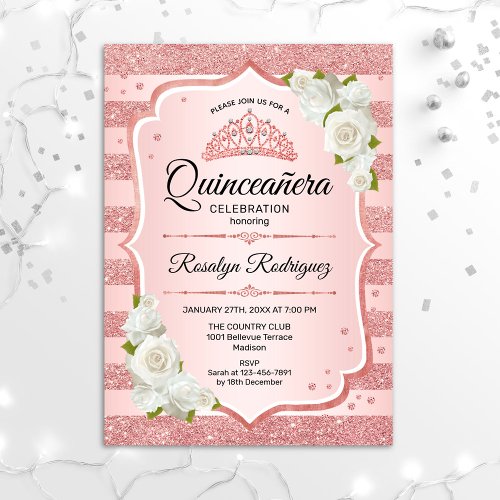 Rose Gold Quinceanera _ White Roses Invitation