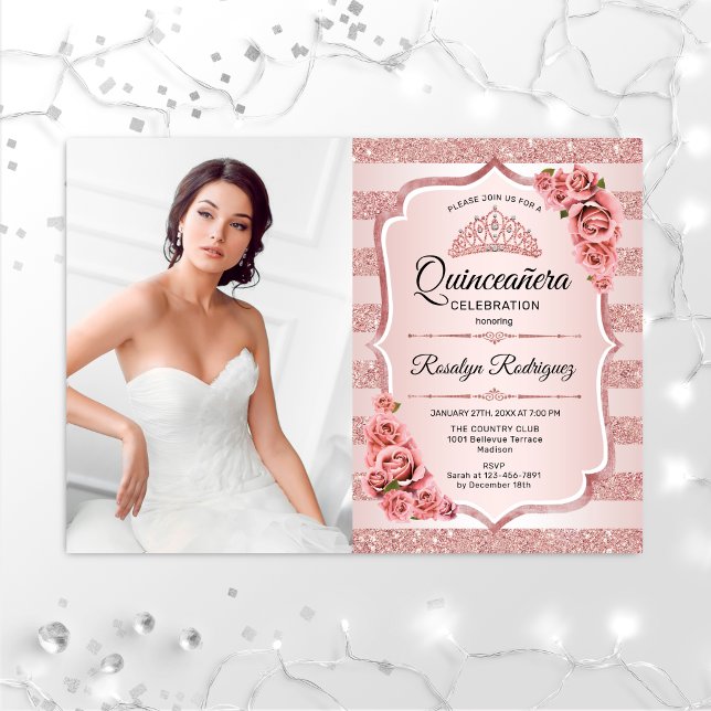 Rose Gold Quinceanera With Photo Invitation