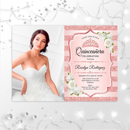Rose Gold Quinceanera With Photo _ White Roses Invitation