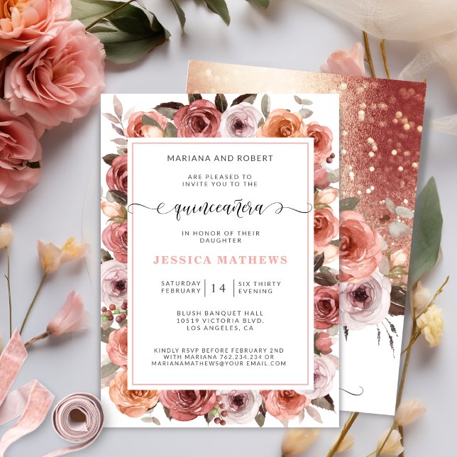Rose Gold Quinceañera with Pink and Blush Floral Invitation