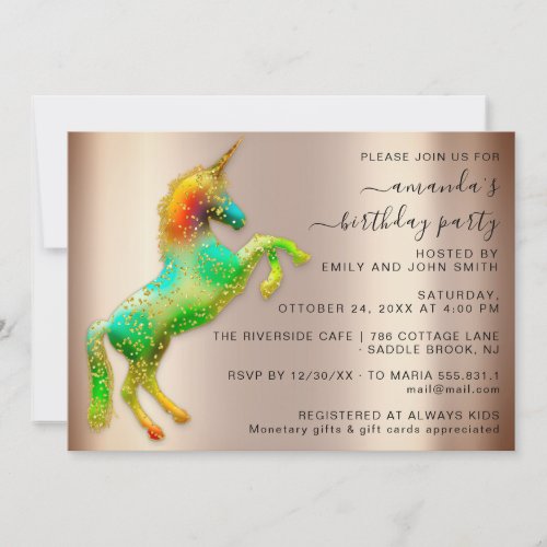 Rose Gold Rainbow Unicorn Horse Birthday Party  Invitation