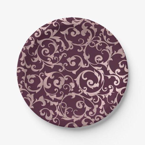 Rose Gold Raspberry Wine Modern Elegant Wedding Paper Plates