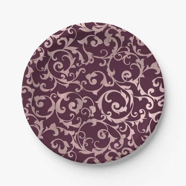 Rose Gold Raspberry Wine Modern Elegant Wedding Paper Plates (Front)