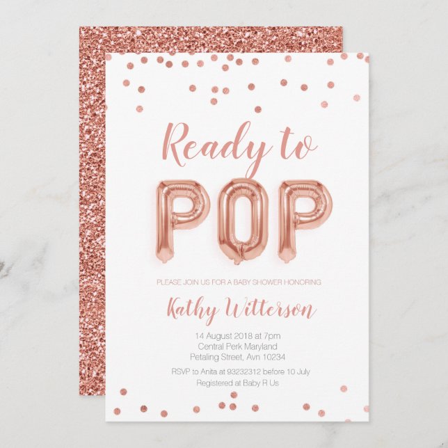 Rose Gold Ready to Pop baby shower invitation (Front/Back)