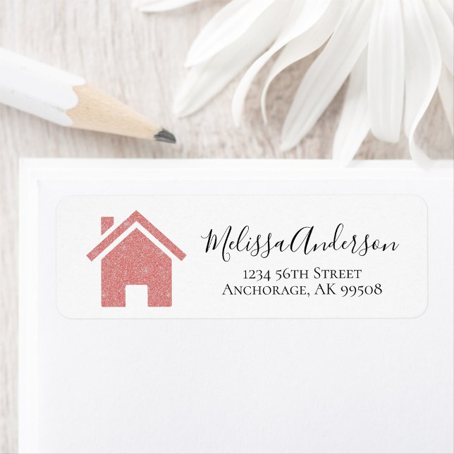 Rose Gold Real Estate Address Label (Pink Sparkle House Real Estate Address Label)