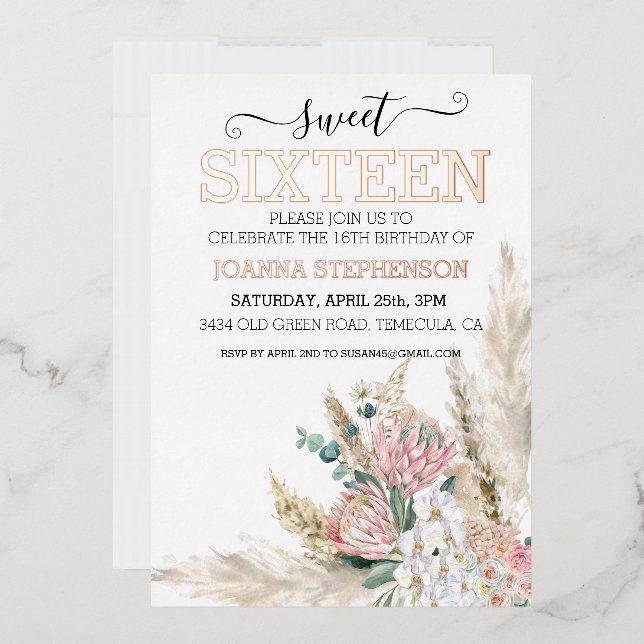 Rose Gold Real Foil Sweet 16 Sixteen Boho Floral  Foil Invitation (Envelope)