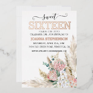Rose Gold Real Foil Sweet 16 Sixteen Boho Floral Invitation