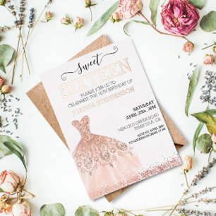 Rose Gold Real Foil Sweet 16 Sixteen Glitter Dress Invitation