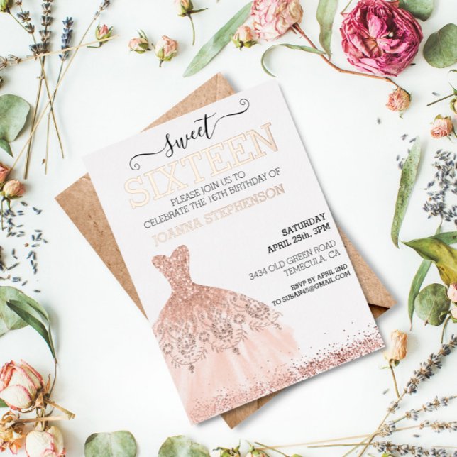Rose Gold Real Foil Sweet 16 Sixteen Glitter Dress Invitation (Creator Uploaded)