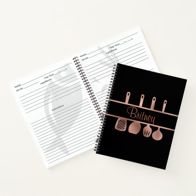 Rose Gold Recipe Cookbook Utensils Personalized Notebook