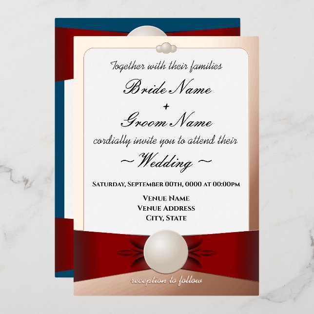 Rose Gold_Red_Blue_Pearl Ribbon_Ceremony/Reception Foil Invitation (Front/Back)