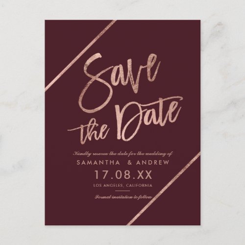 Rose gold red burgundy  script  save the date announcement postcard