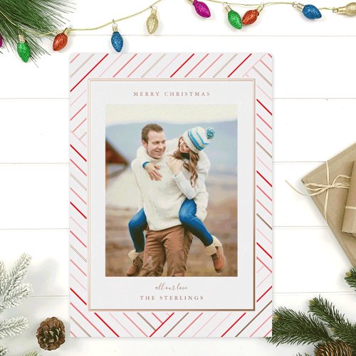 Rose Gold  Red Candy Cane Stripes Holiday Photo