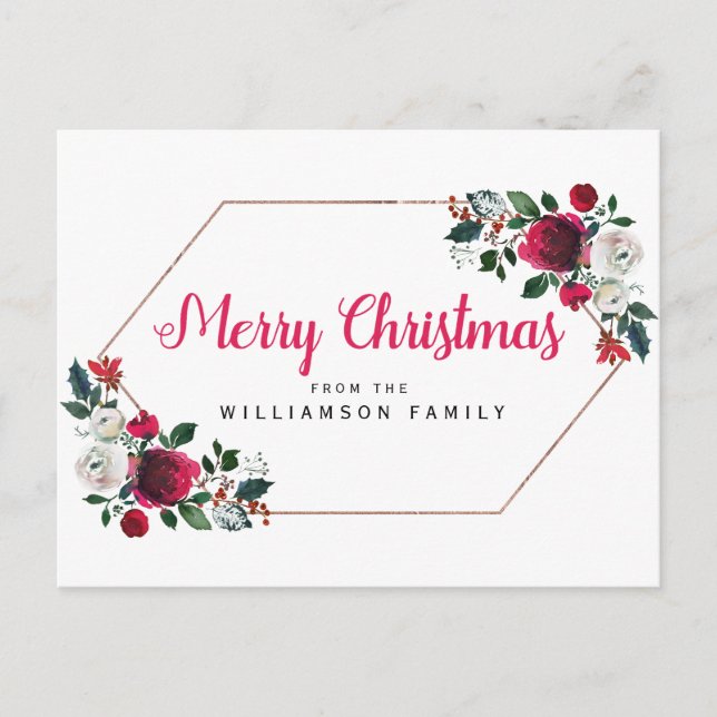 Rose Gold Red Floral Personalized Merry Christmas Holiday Postcard (Front)